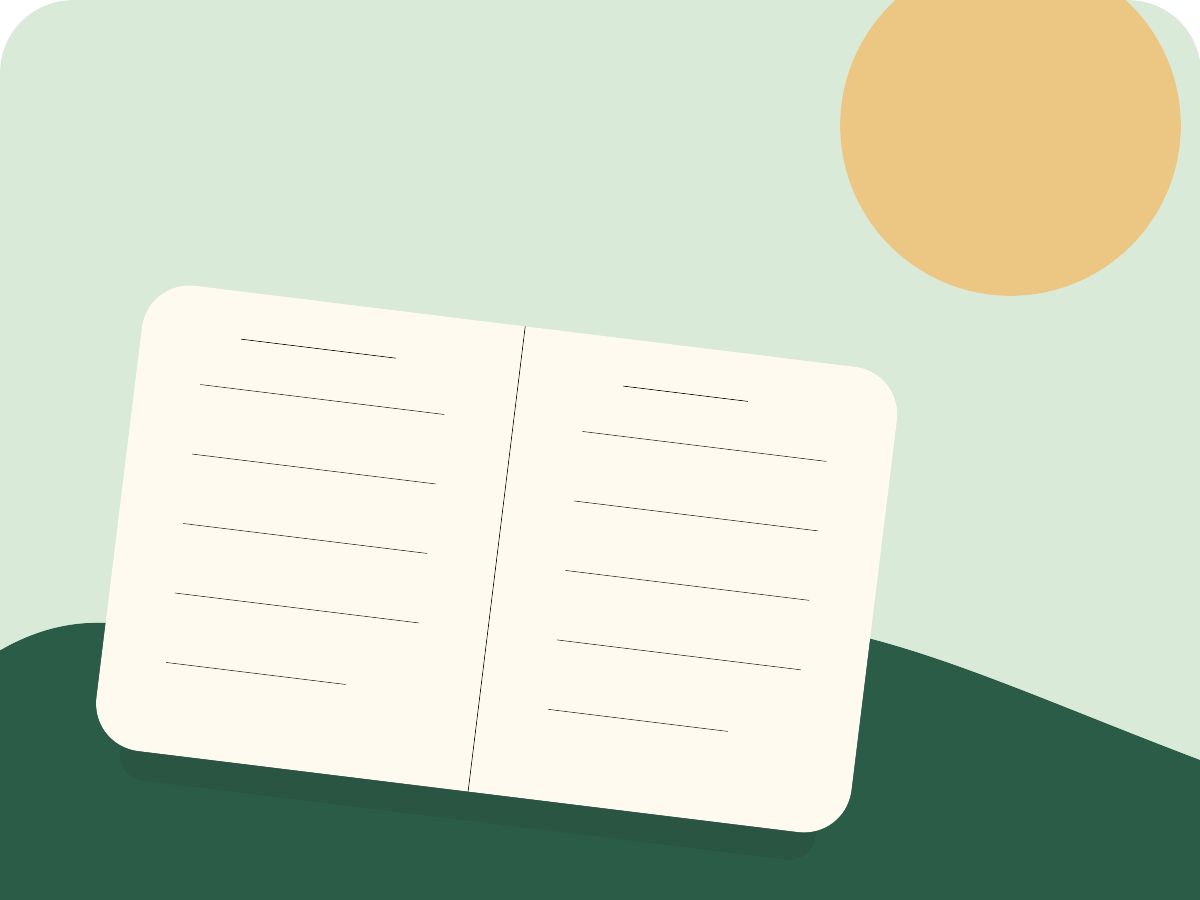 An open field notebook on an abstract green desk